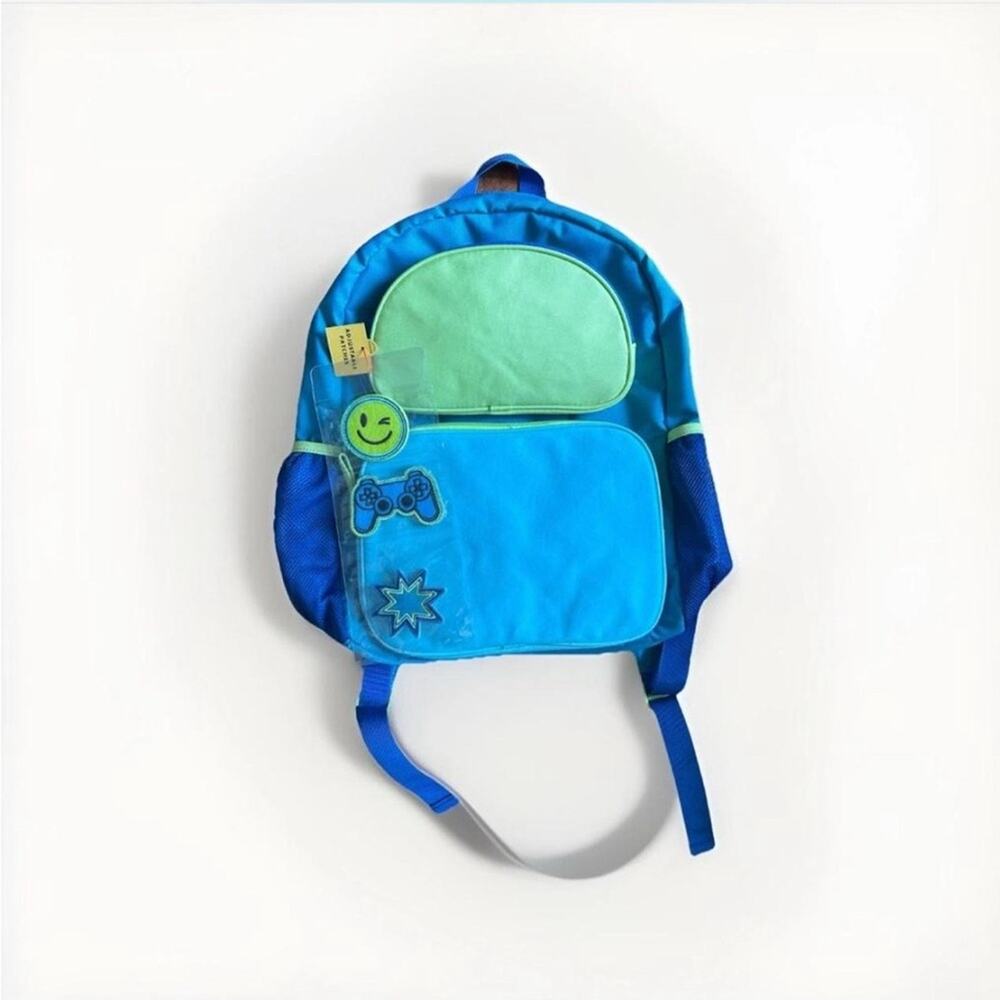 Cat & Jack Color Block blue green kids backpack 16 inch - with removable patches